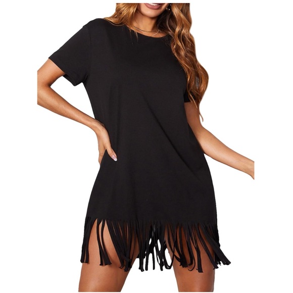 Short Sleeve Crewneck Fringe Hem T-shirt Dress - Picture 1 of 8